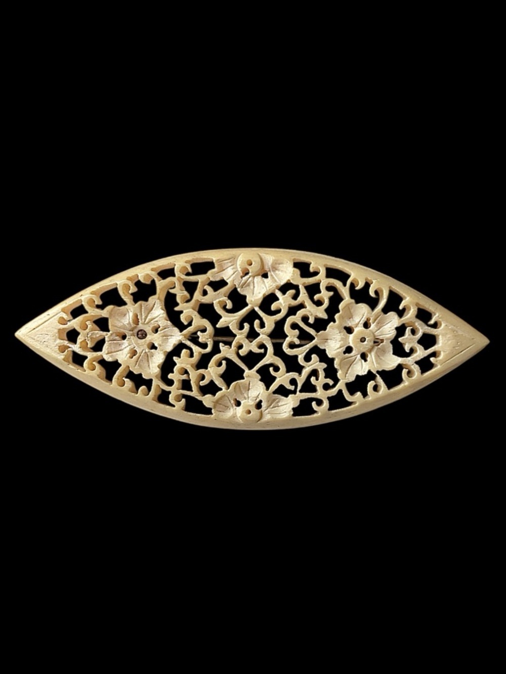 Antique Hand Carved C-Clasp Floral Flower Bovine Bone Brooch
